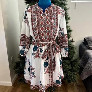 Boho Belted Midi Dress | Ivory Rust Teal Floral Print